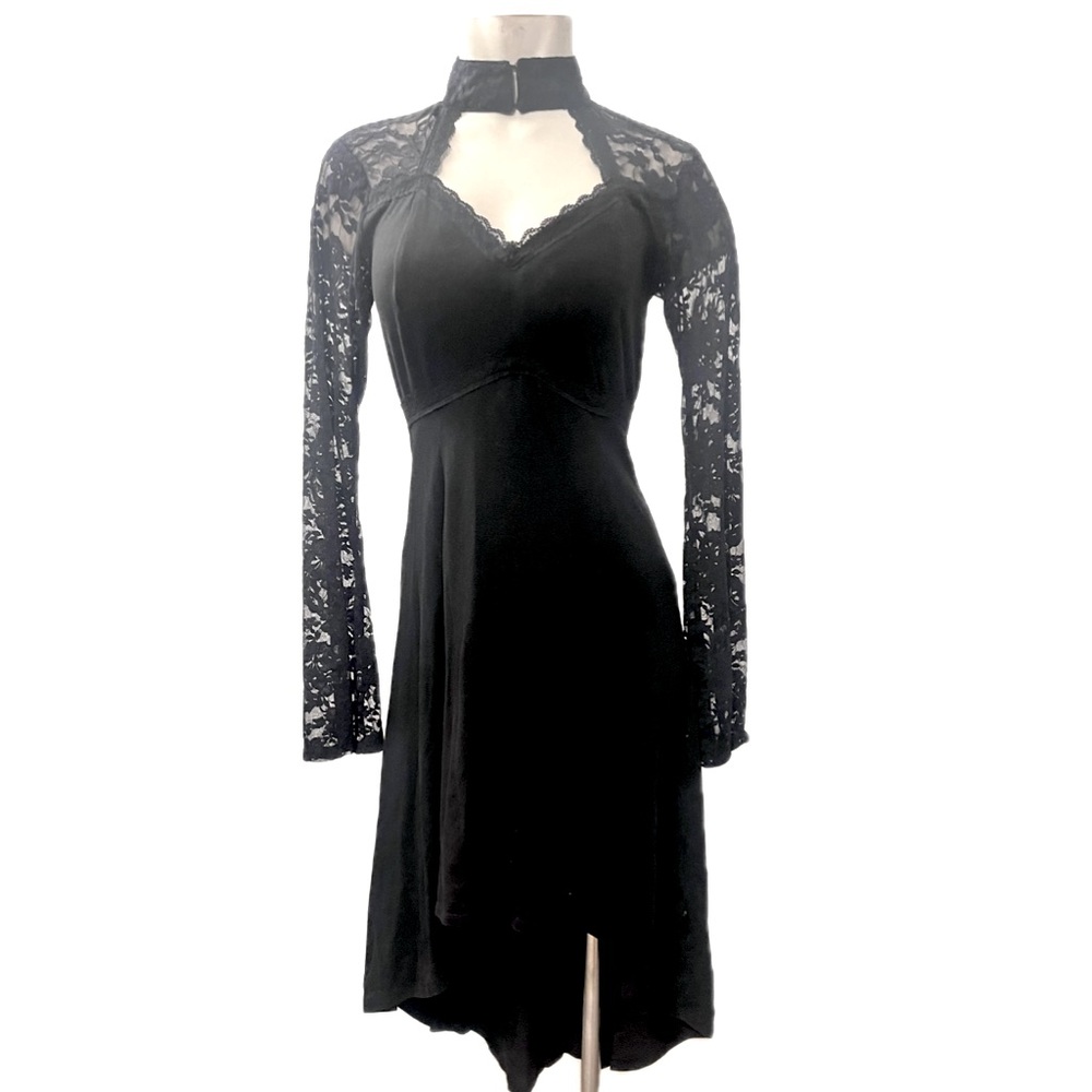 SOLD - TRIPP NYC Vintage Gothic Black Hi-Low Long Sleeved Lace with Front Choker - Picture 3 of 8